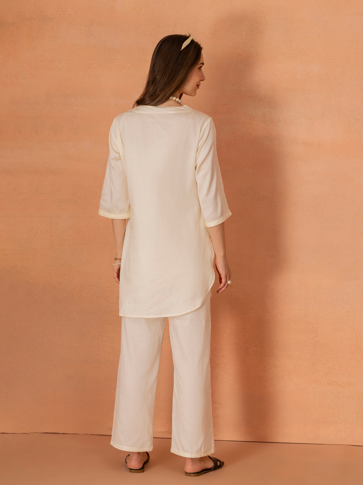 TITTLI Women Cotton Silk V-Neck Tunic & Trousers Co-Ord Set (Cream)