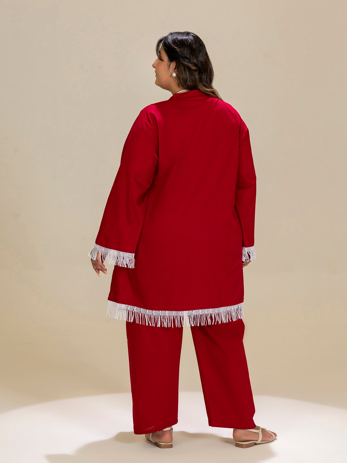 TITTLI Plus Size Pure Cotton Mandarin Collared V-Neck Lace Detailing Tunic & Trouser Co-Ord Set