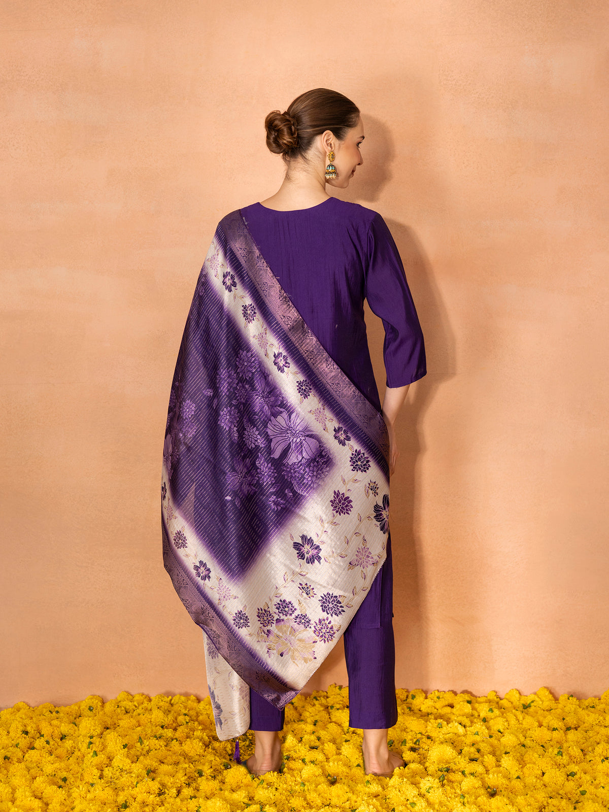 TITTLI Women Handwork Embroidered V-Neck Roman Silk Kurta Set with Jacquard Digital Printed Dupatta (Violet)