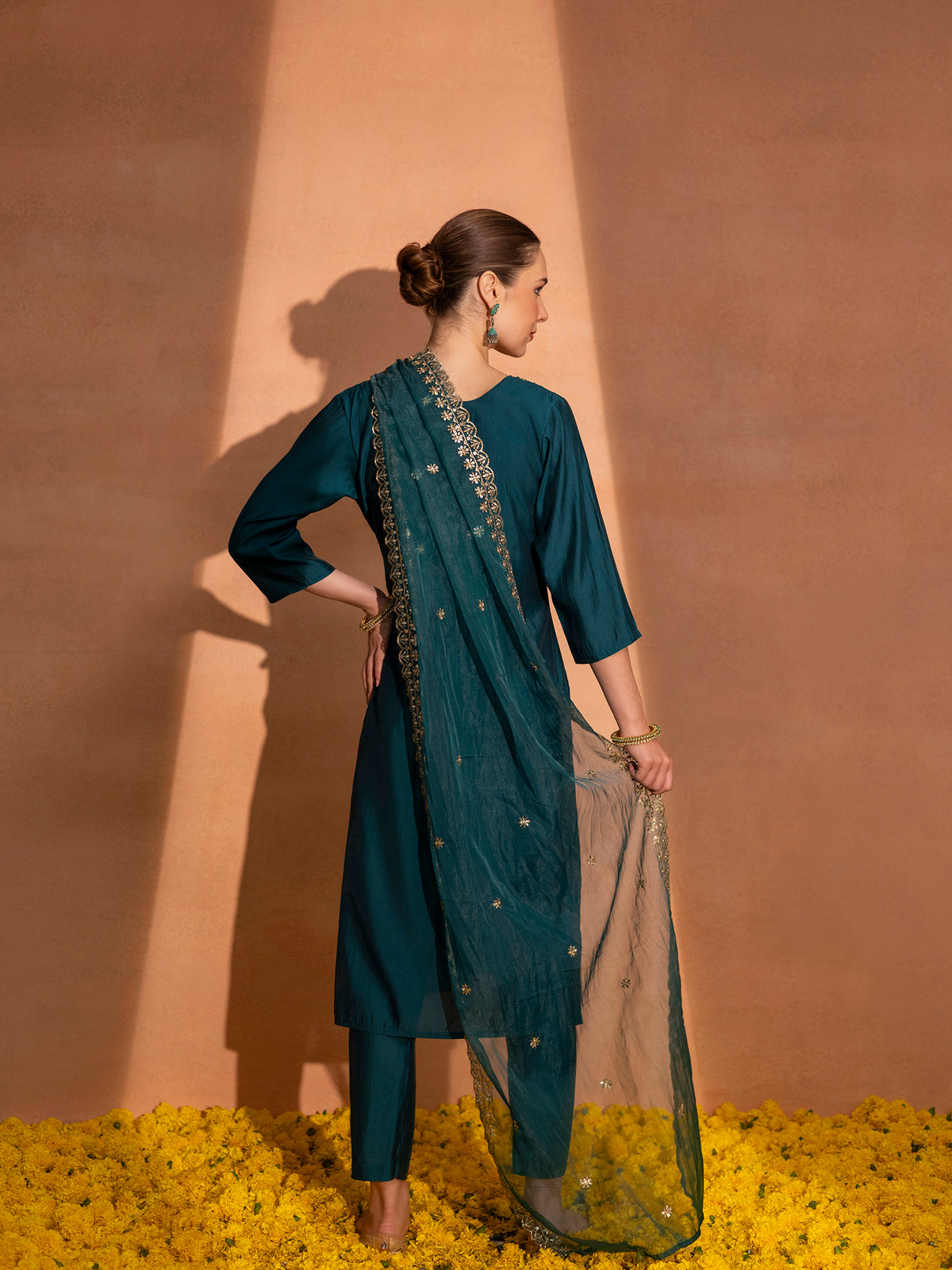 TITTLI Women Handwork Embroidered V-Neck Roman Silk Kurta Set with Georgette Cutwork Dupatta (Rama)