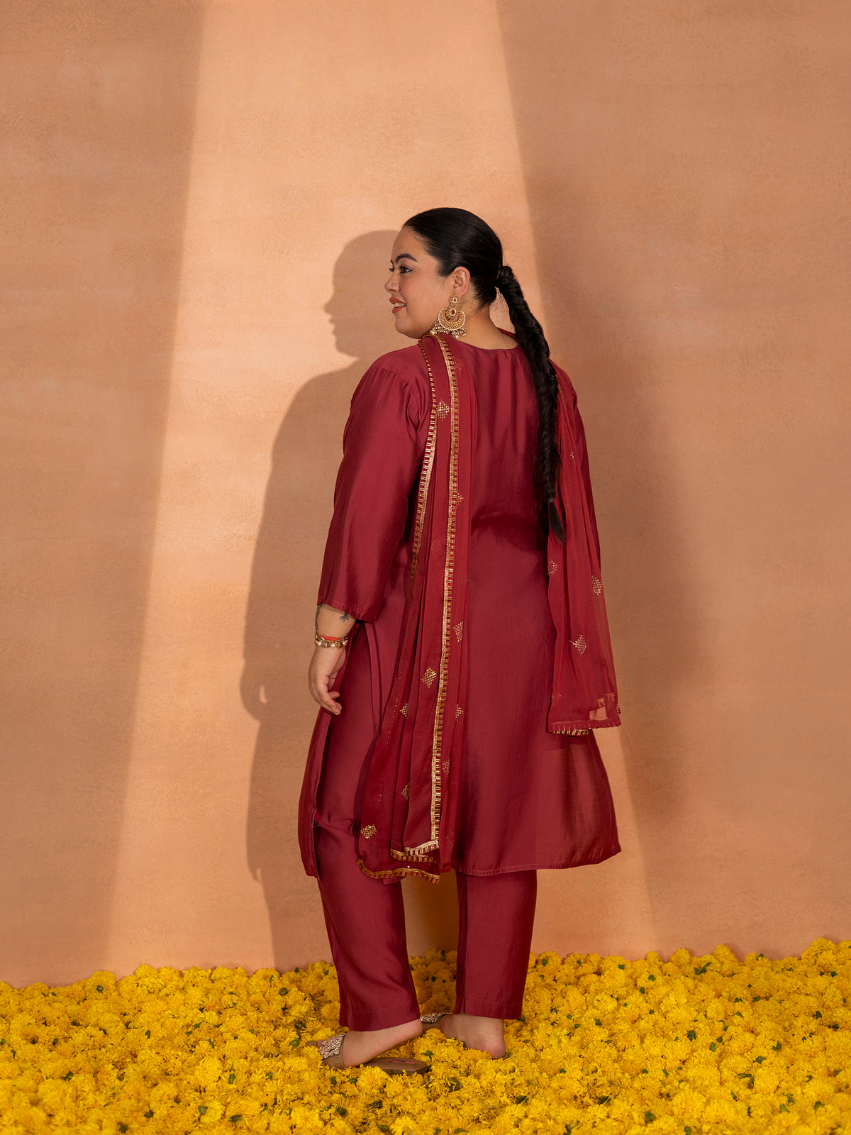 TITTLI Plus Size Women Handwork Embroidered V-Neck Roman Silk Kurta Set with Georgette Cutwork Dupatta (C. Red)