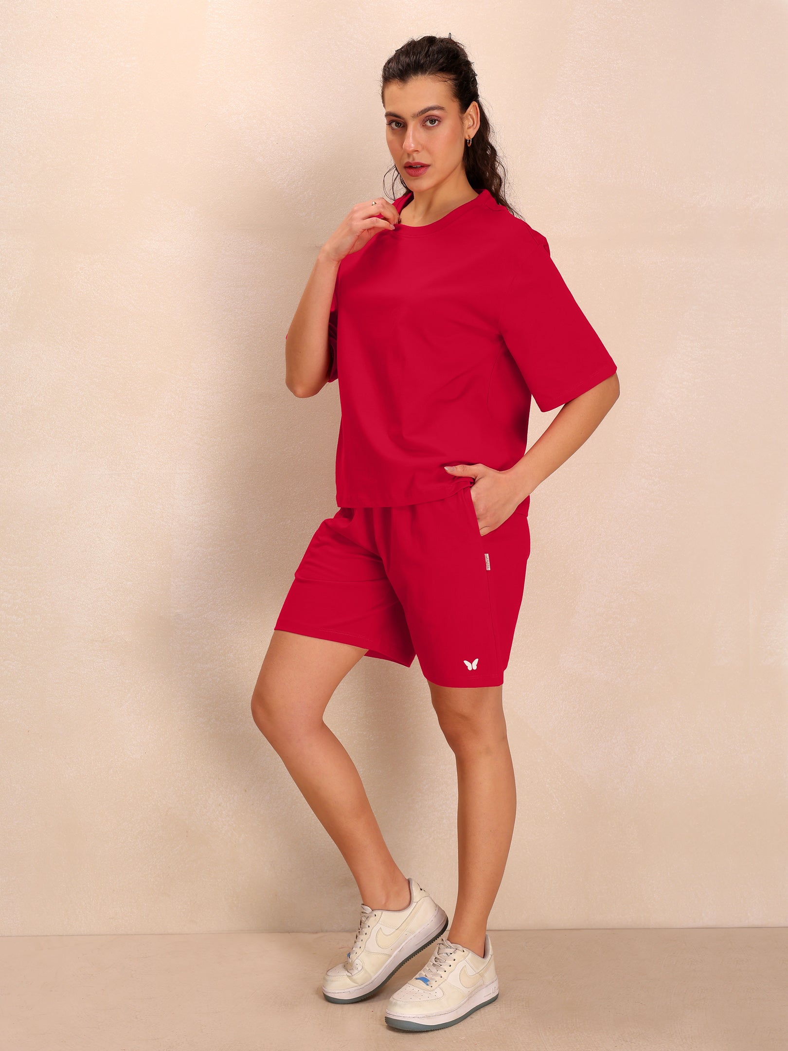 TITTLI Women Pure Cotton Solid T-Shirt and Shorts Co-Ord Set (Rani)