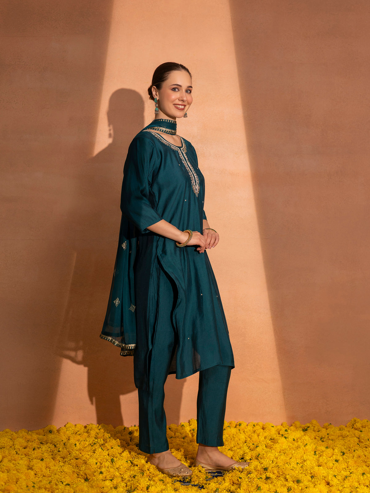 TITTLI Women Handwork Embroidered U-Neck Roman Silk Kurta Set with Georgette Cutwork Dupatta (Rama)