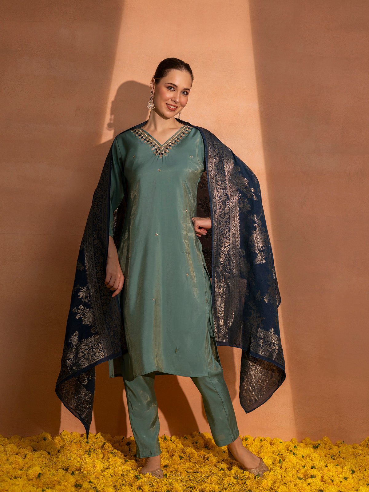 TITTLI Women Handwork Embroidered V-Neck Roman Silk Kurta Set with Jacquard Banarasi Dupatta (Aqua)