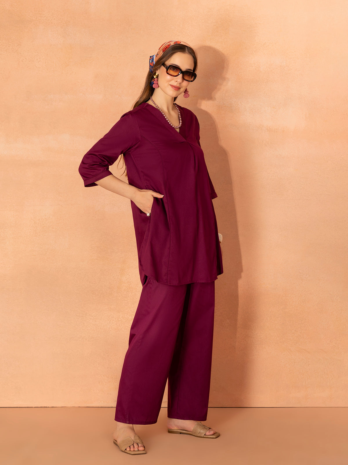 TITTLI Women Cotton Silk V-Neck Tunic & Trousers Co-Ord Set (Wine)