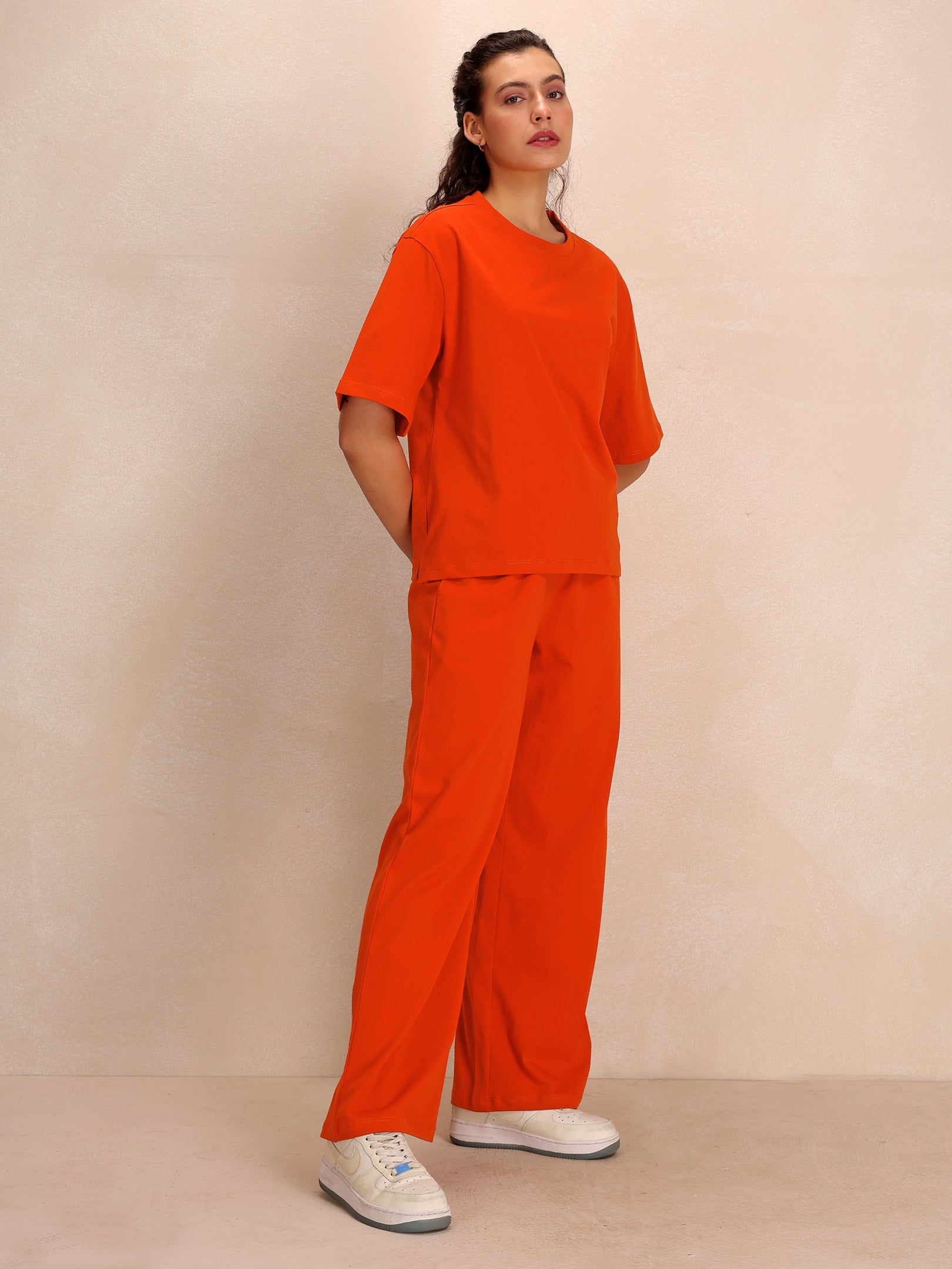 TITTLI Women Pure Cotton Solid T-Shirt And Trouser Co-Ord Set (Orange)