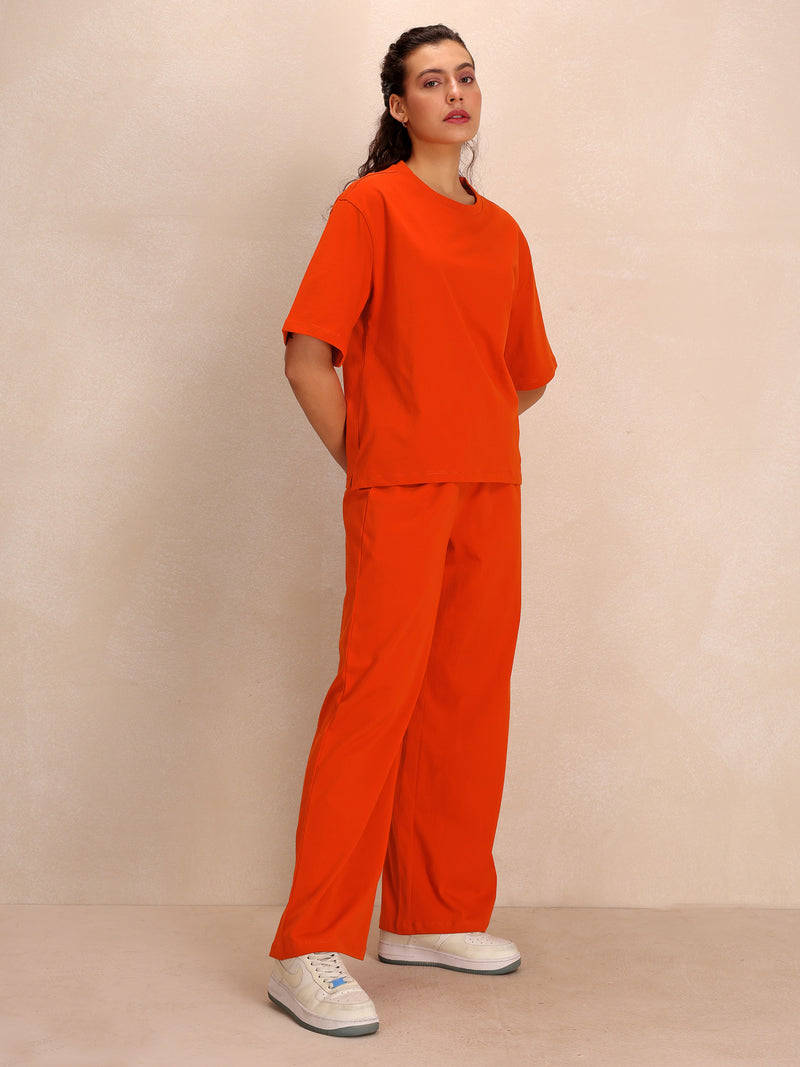 TITTLI Women Pure Cotton Solid T-Shirt And Trouser Co-Ord Set (Orange)