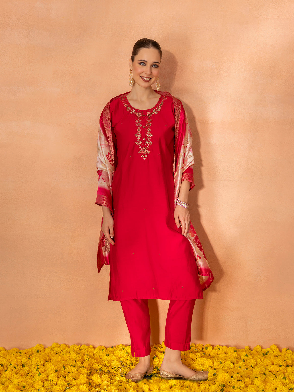 TITTLI Women Handwork Embroidered U-Neck Roman Silk Kurta Set with Jacquard Digital Print Dupatta (Red)
