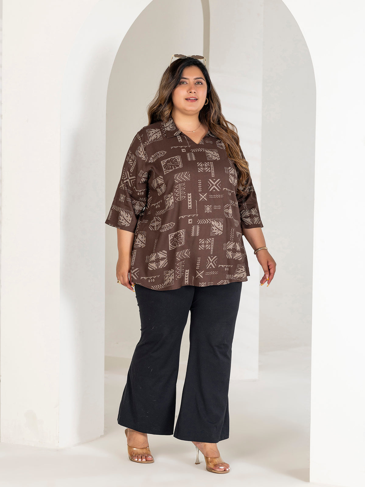 TITTLI Plus Size Women Printed Collared V-Neck Pure Cotton Kurti (Brown)