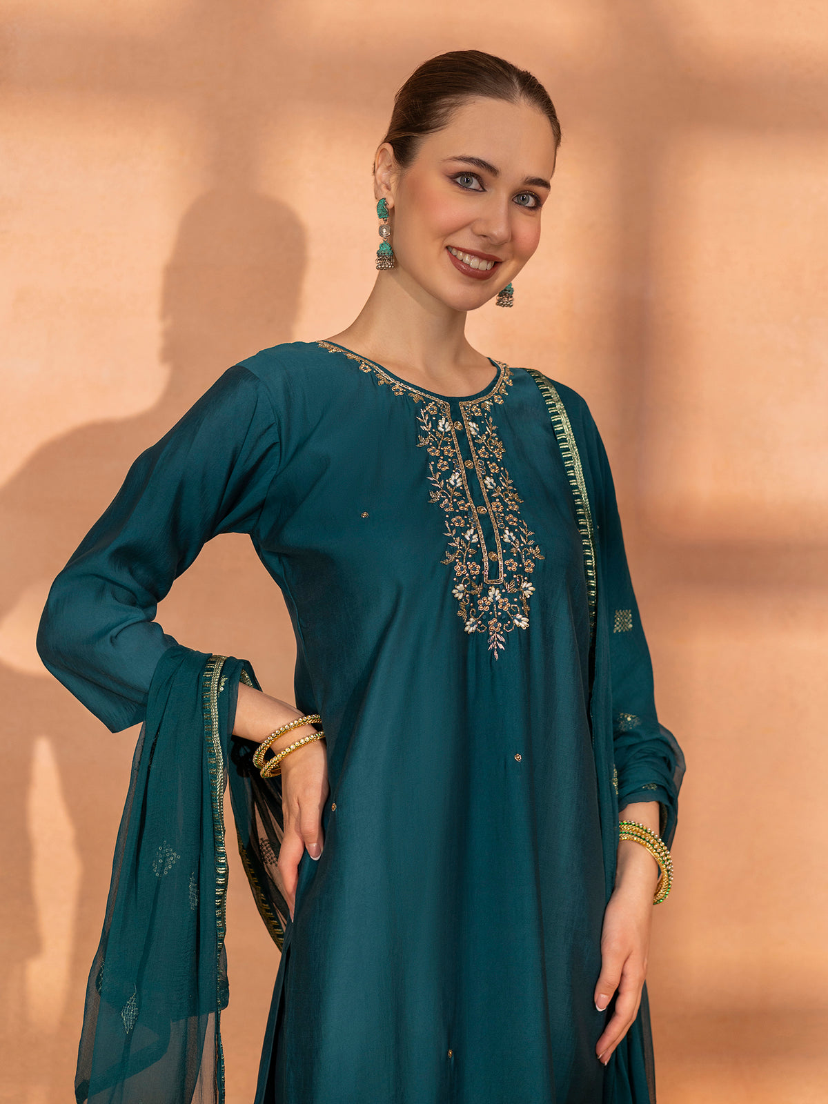 TITTLI Women Handwork Embroidered U-Neck Roman Silk Kurta Set with Dupatta(Rama)