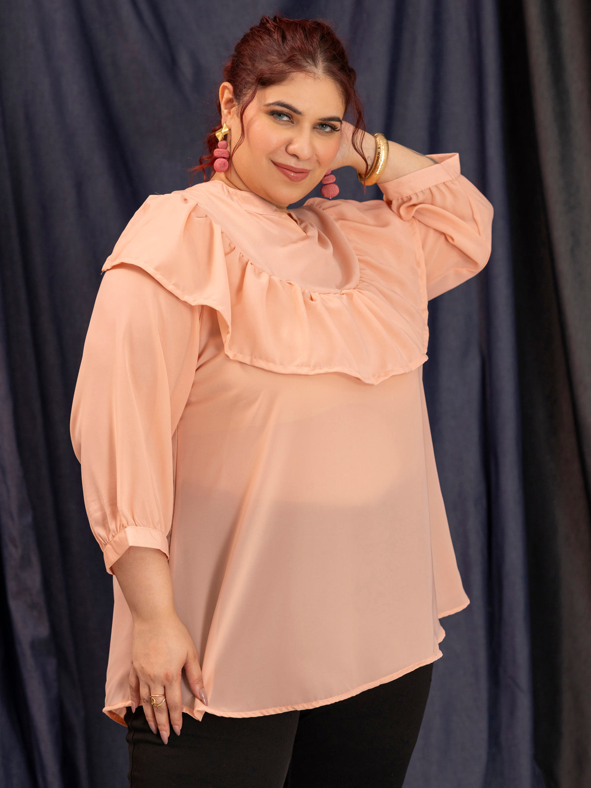 TITTLI Women Plus Size Georgette Solid Short Top (Peach)