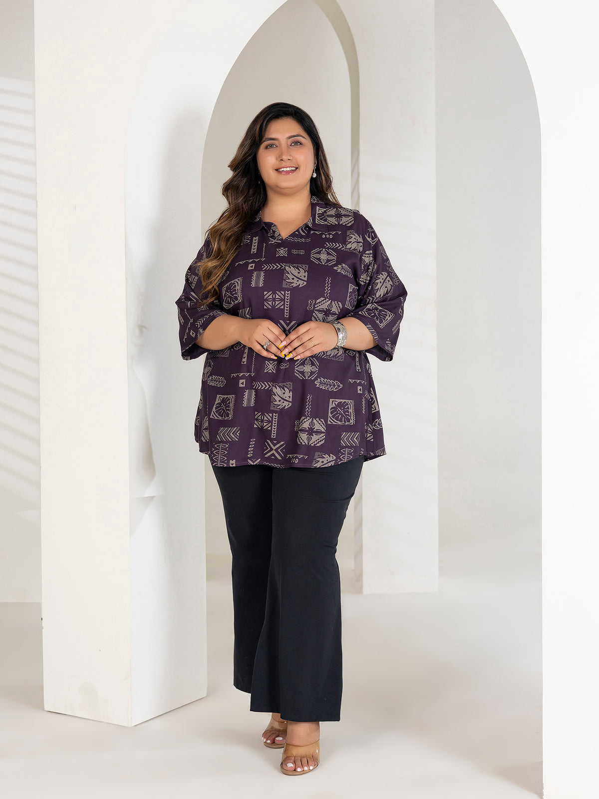 TITTLI Plus Size Women Printed Collared V-Neck Pure Cotton Kurti (Wine)