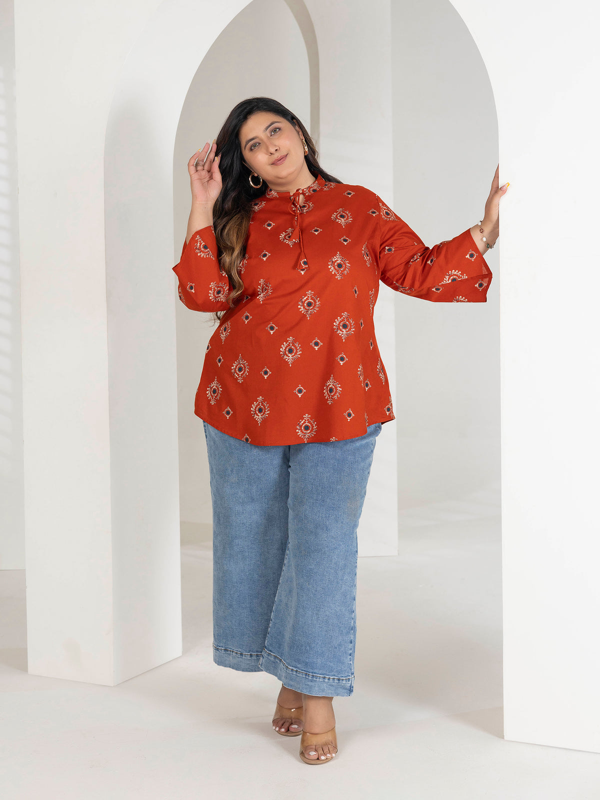 TITTLI Women Plus Size Ethnic Motif Printed Short Kurti with Mandarin Collar Keyhole Tie-Up & Three Quarter Sleeves(Orange)