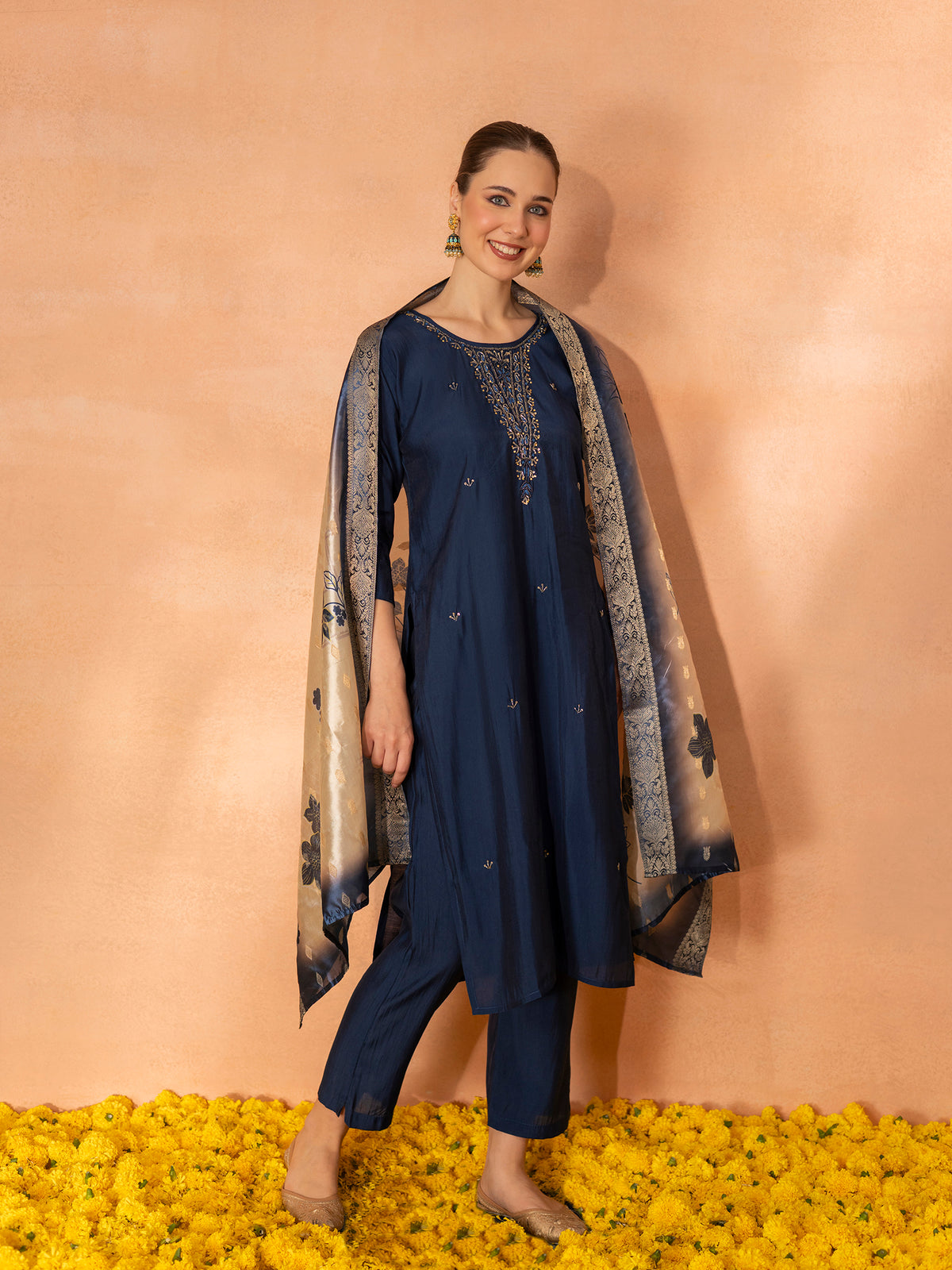 TITTLI Women Handwork Embroidered Round Neck Roman Silk Kurta Set with Jacquard Digital Print Dupatta (Navy Blue)
