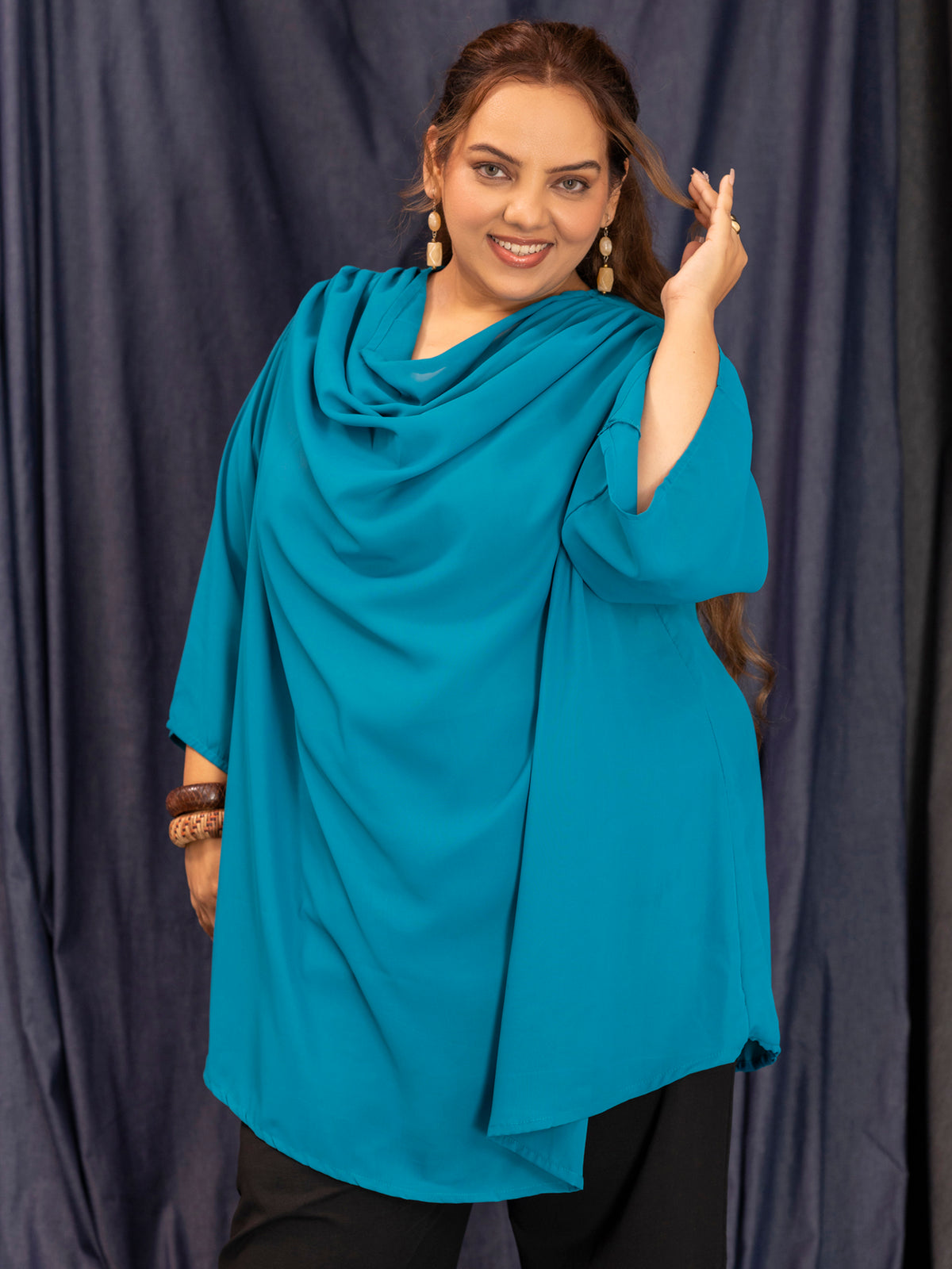 TITTLI Women Plus Size Georgette Solid Cowl Neck Short Top (Rama)