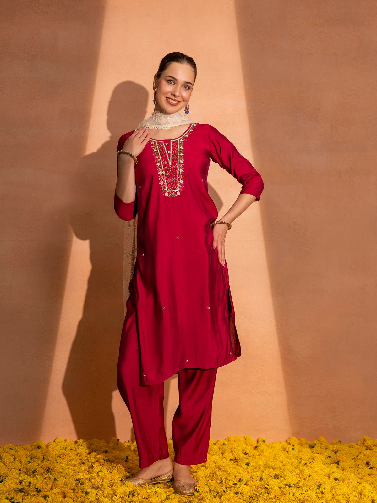 TITTLI Women Handwork Embroidered U-Neck Roman Silk Kurta Set with Embroidered Net Dupatta (Cherry Red)