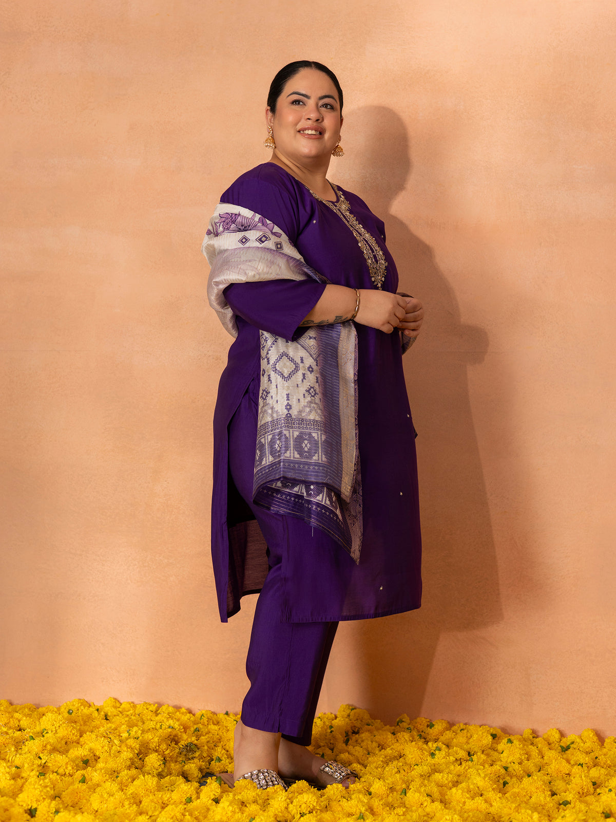 TITTLI Plus Size Women Handwork Embroidered U-Neck Roman Shimmer Silk Kurta Set with Jacquard Digital Print Dupatta