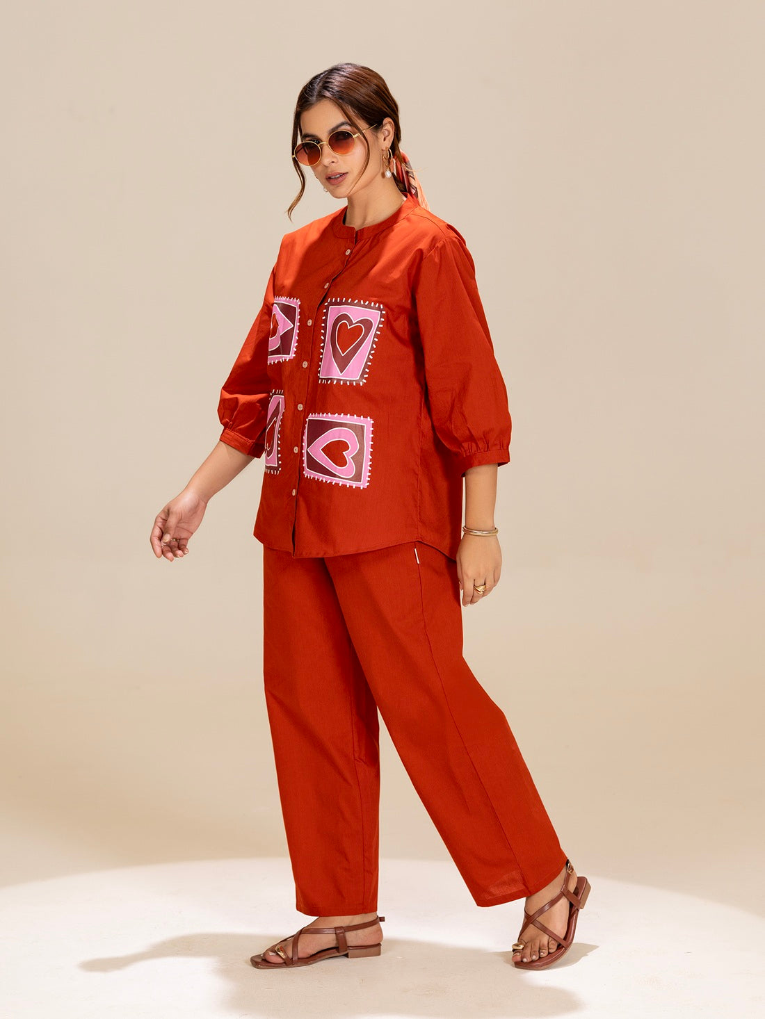 TITTLI Orange Colour Printed Relaxed Fit Pure Cotton Shirt And Trouser Co-Ord Set For Womens