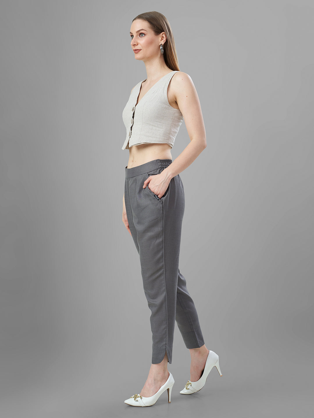 Trendy Silk Cigarette Pants for Ladies in Steel Grey online