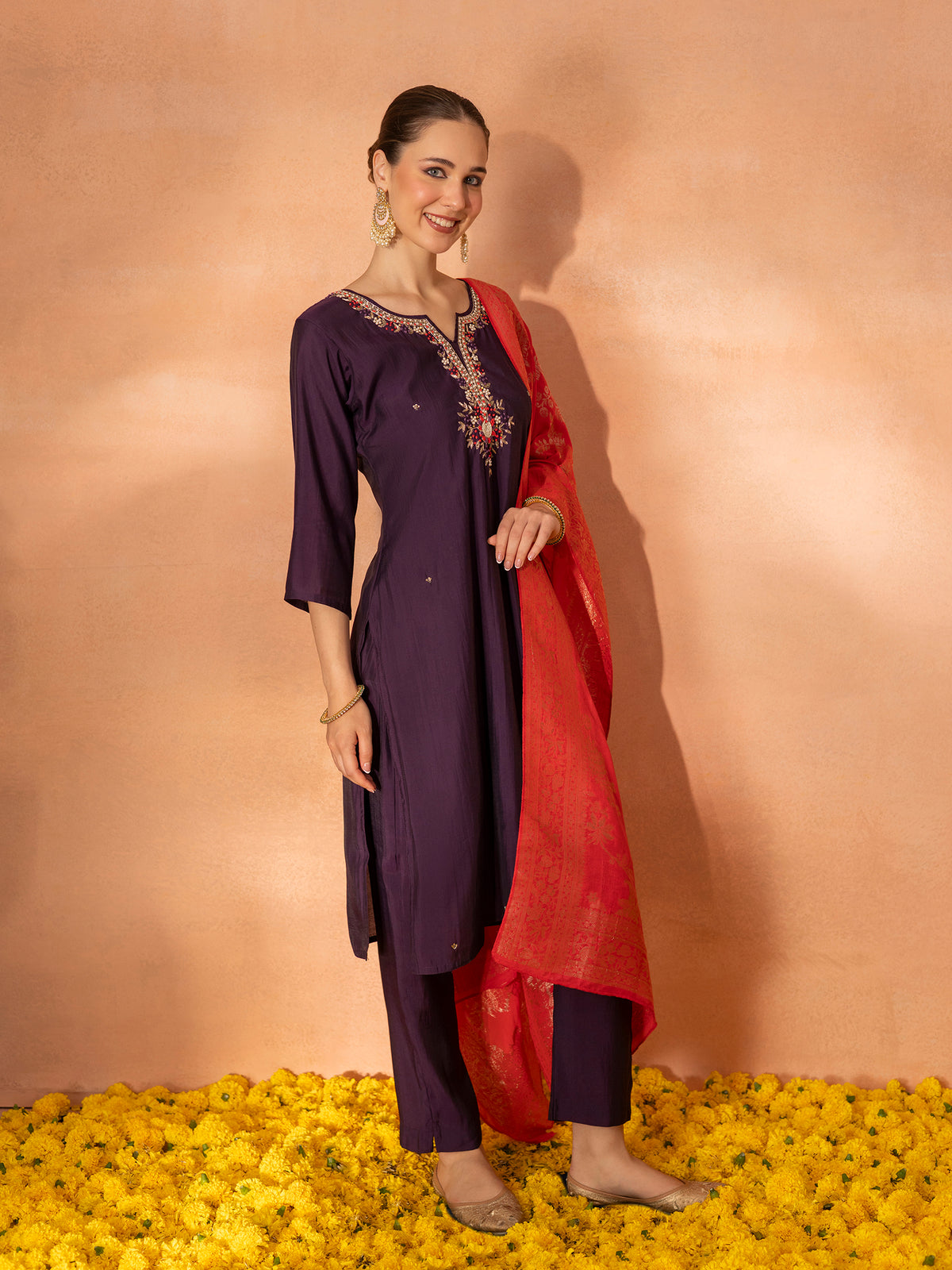 TITTLI Women Handwork Embroidered Round Neck with V Drape Roman Silk Kurta Set with Cut-Work Dupatta (Wine)