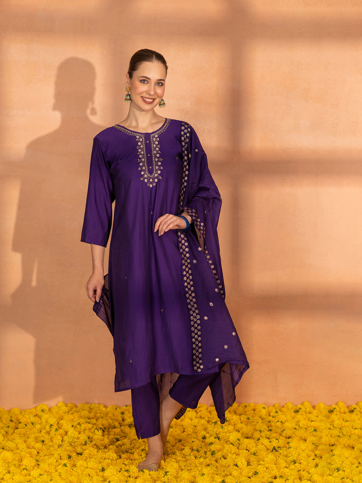TITTLI Women Handwork Embroidered U-Neck Roman Silk Kurta Set with Georgette Cutwork Dupatta (Violet)