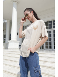 Embossed Printed Oversized T-Shirts For Women (Cream)