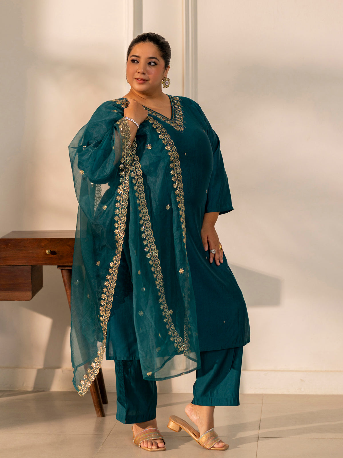 TITTLI Plus Size Women Handwork Embroidered V-Neck Roman Silk Kurta Set with Georgette Cutwork Dupatta (Rama)