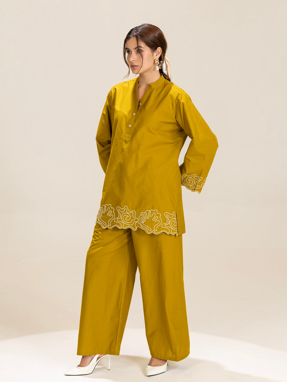 TITTLI Mustard Colour Embroidered Tunic & Trouser Co-Ord Set For Women