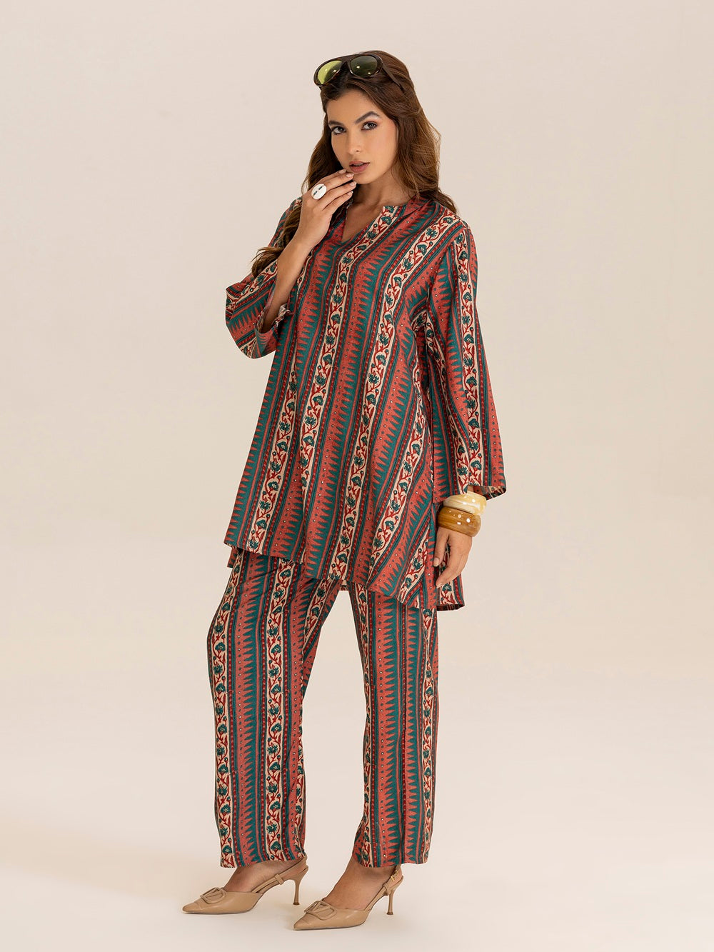 TITTLI Women All Over Printed Tunic and Trouser Co Ord Set (Rust)