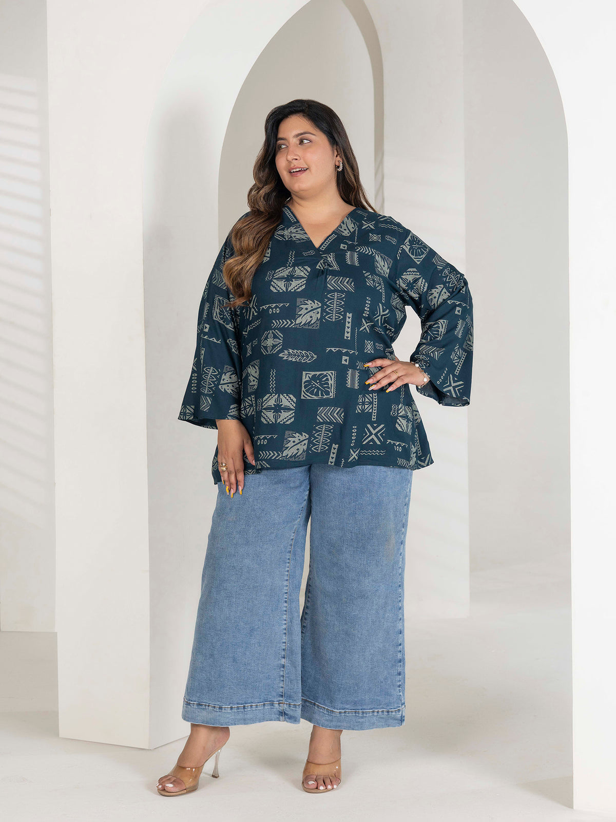 TITTLI Women Plus Size Geometric Print Viscose Rayon Short Kurti (Airforce)