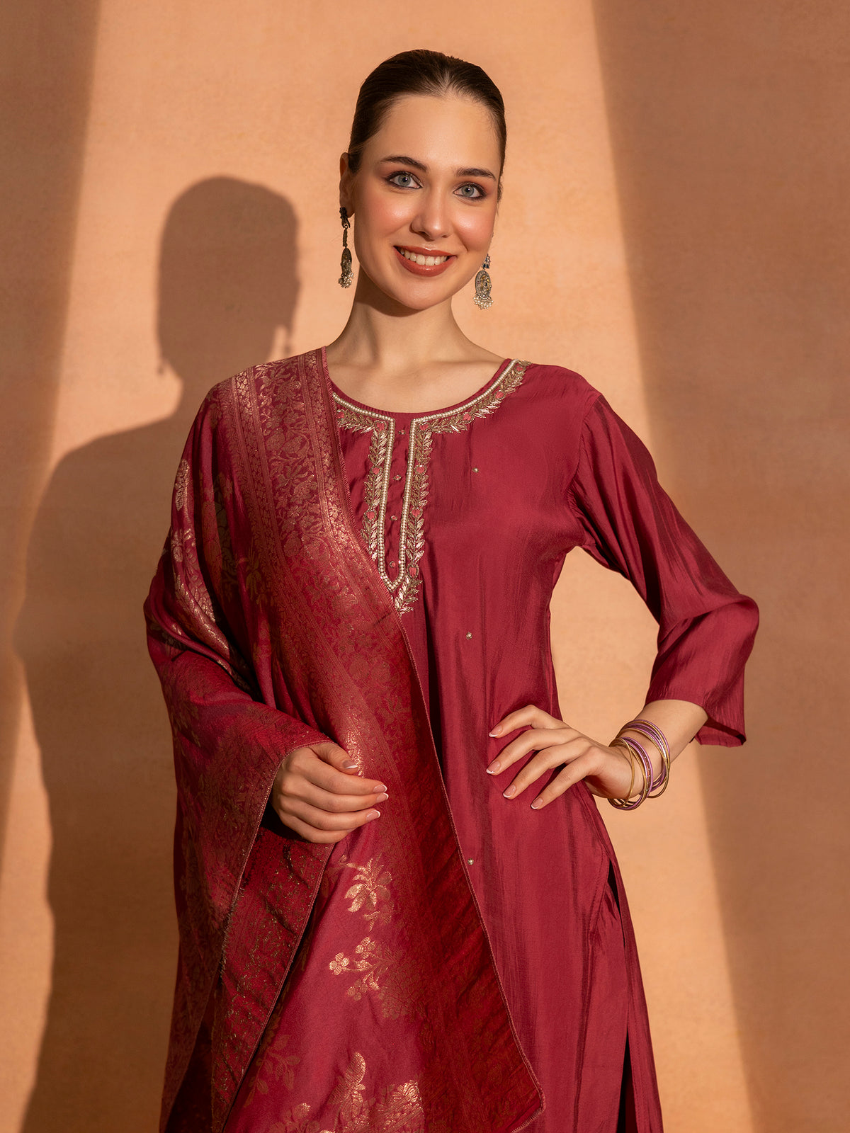 TITTLI Women Handwork Embroidered U-Neck Roman Silk Kurta Set with Rayon Sequin Work Dupatta(Gajjar)