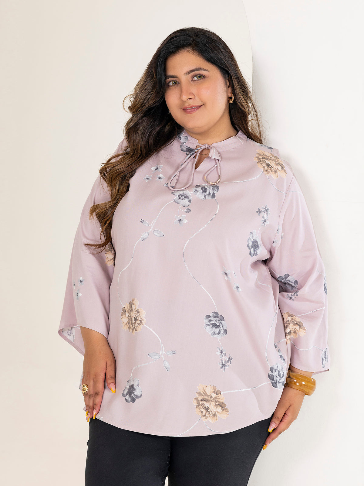 TITTLI Women Plus Size Floral Printed Short Kurti with Round Neck Collar Keyhole Tie-Up & Full Sleeves(Rose)