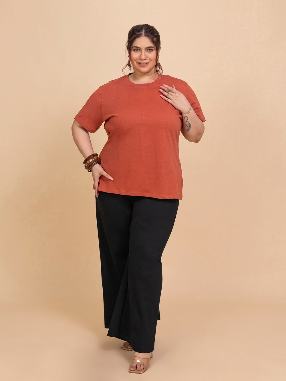 TITTLI Plus Size Pure Cotton Rust Round Neck T-Shirt For Womens