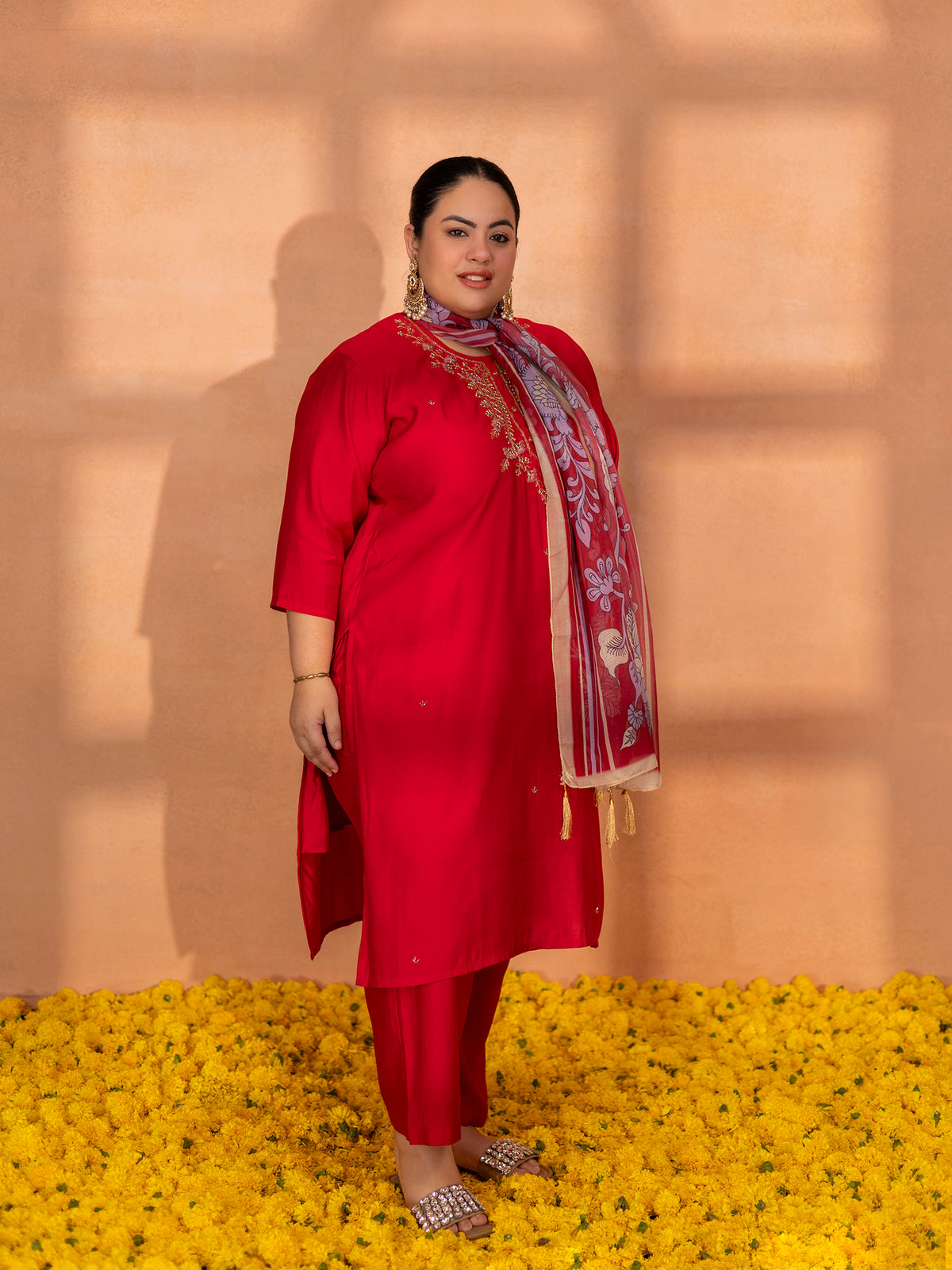 TITTLI Plus Size Women Handwork Embroidered U-Neck Roman Silk Kurta Set with Georgette Digital Print Dupatta(Cherry Red)