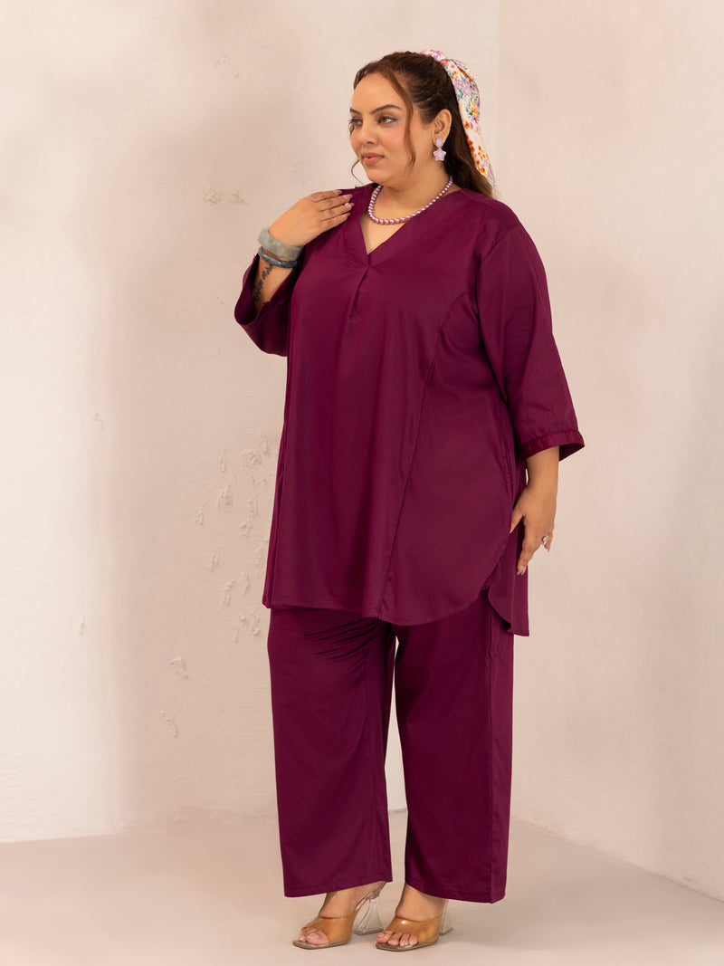 TITTLI Women Cotton Silk V-Neck Tunic & Trousers Plus Size Co-Ord Set (Wine)