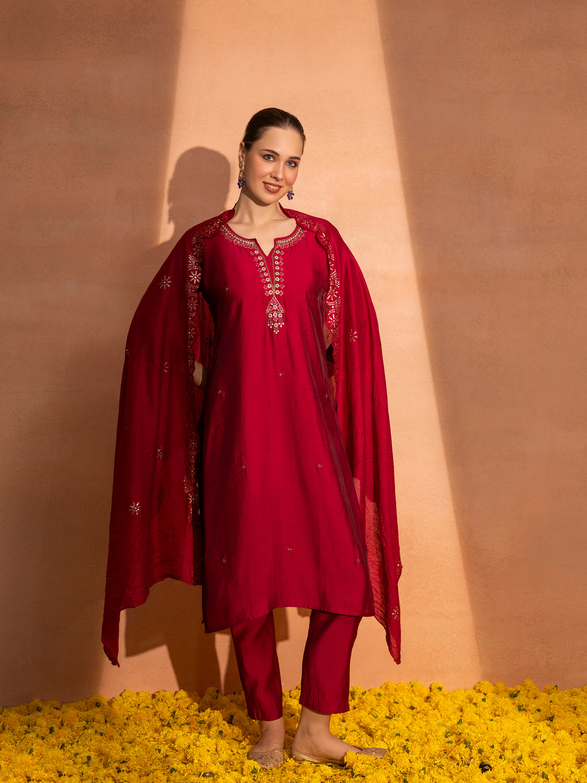TITTLI Women's Handwork Embroidered Round Neck with V Roman Silk Kurta Set with Cut-Work Dupatta (C. Red)