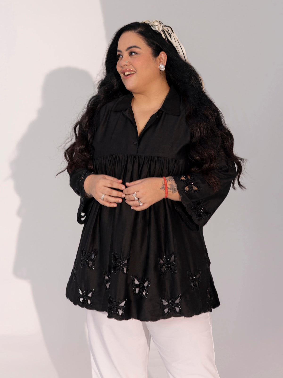 TITTLI Plus Size Women Cotton Silk Butterfly Handwork Embroidered Shirt Collar Kurti(Black)