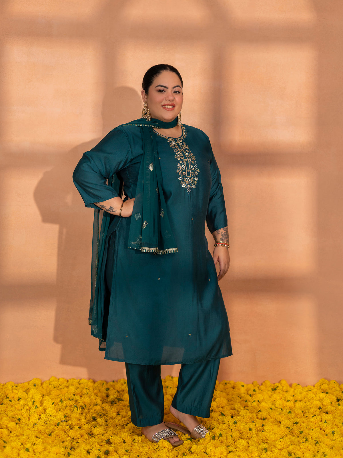 TITTLI Plus Size Women Handwork Embroidered U-Neck Roman Silk Kurta Set with Dupatta(Rama)