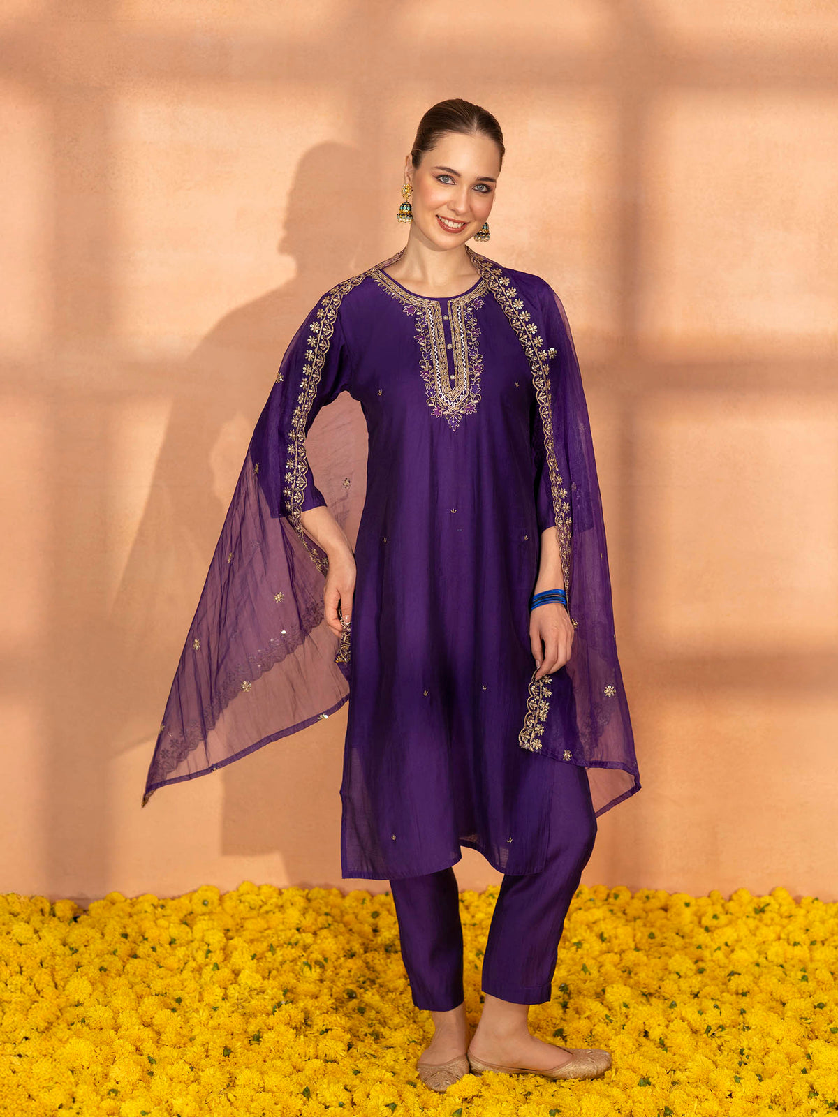 TITTLI Women Handwork Embroidered U-Neck Roman Silk Kurta Set with Cut-Work Dupatta(Violet)