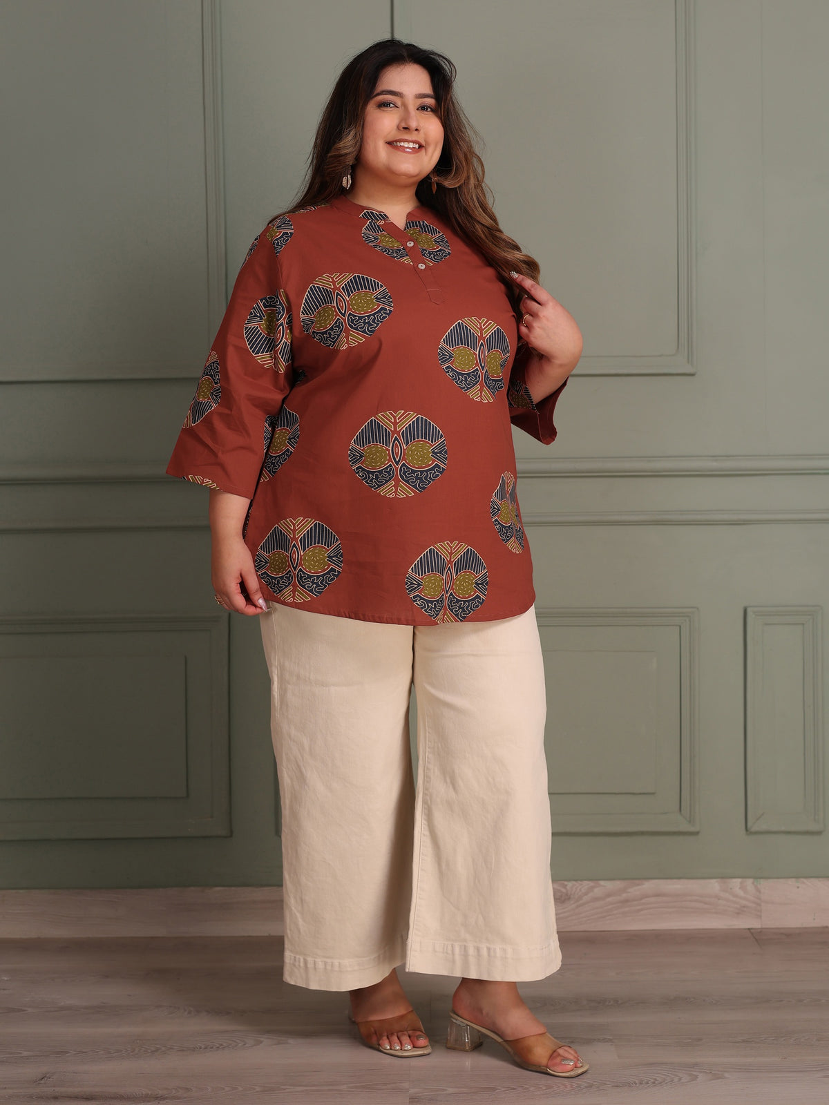 TITTLI Women Plus Size Printed Pure Cotton Mandarin Collar Casual Kurti (Rust)