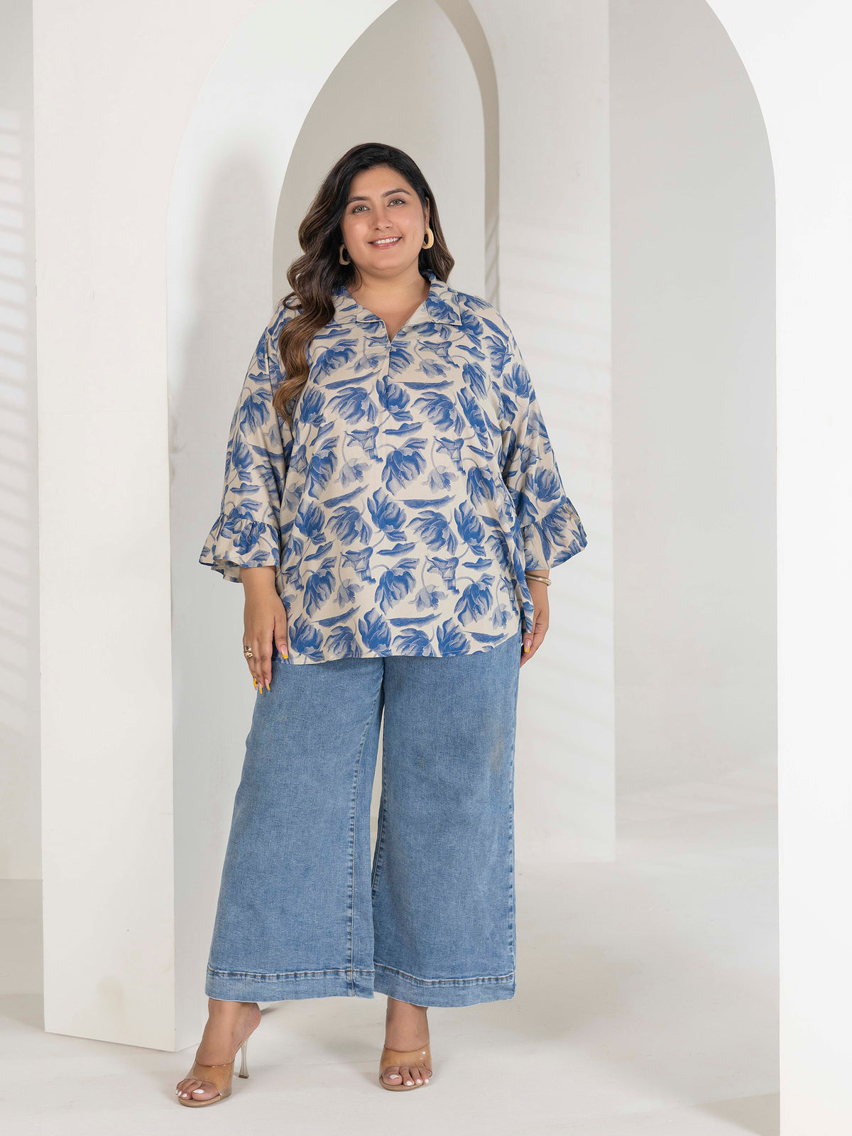 TITTLI Women Plus Size Floral Printed Short Kurti with V-Neck Collar & Three Quarter Bell Sleeves(Royal Blue & Cream)