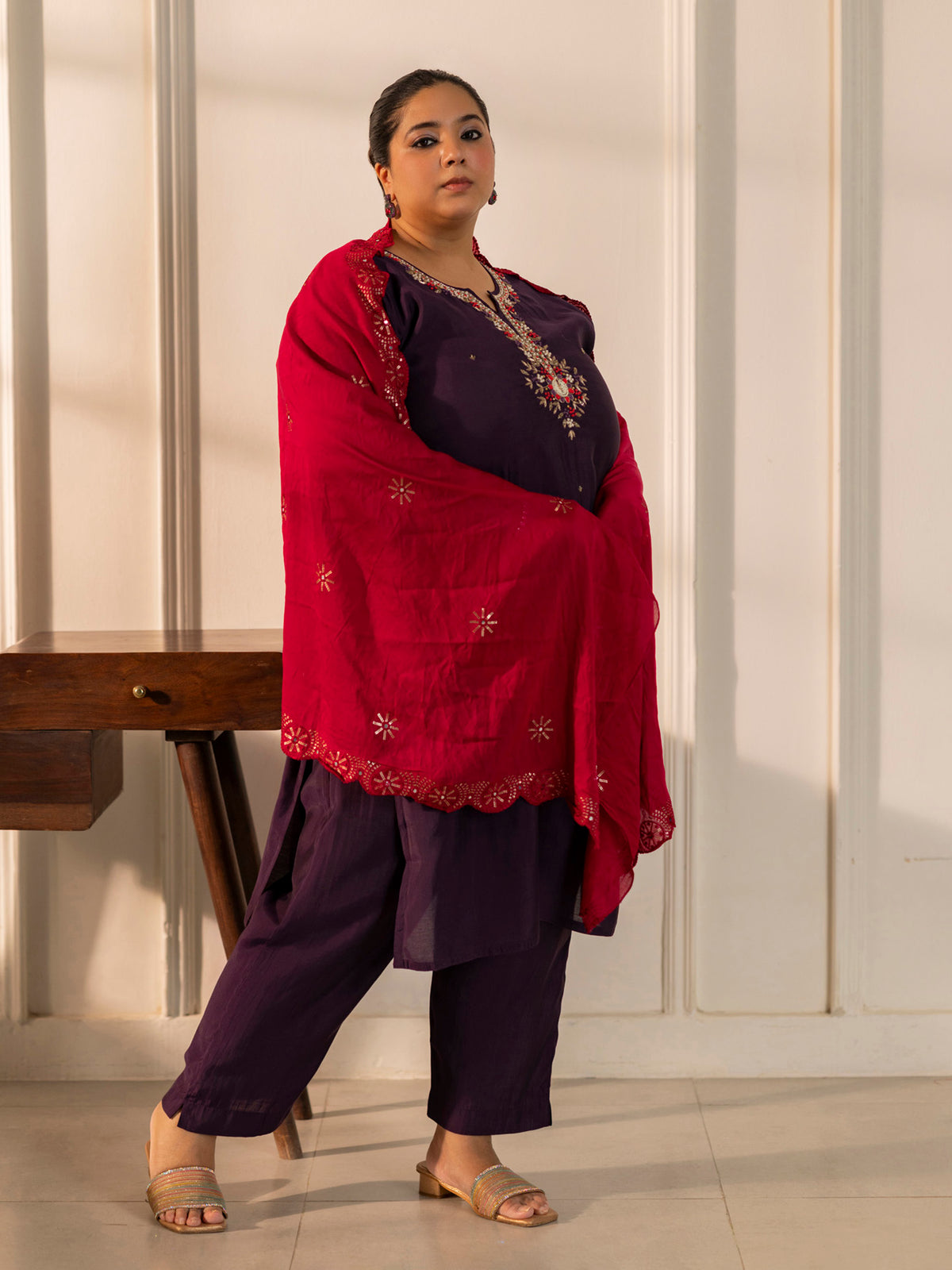 TITTLI Plus Size Women Handwork Embroidered Round Neck with V Drape Roman Silk Kurta Set with Cut-Work Dupatta (Wine)