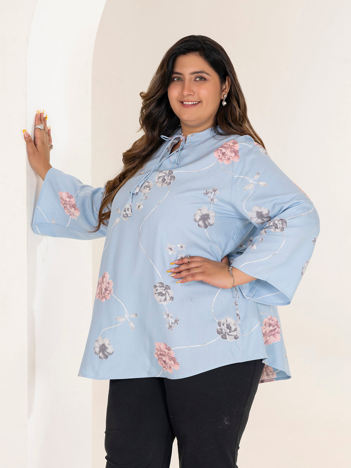 TITTLI Women Plus Size Floral Printed Short Kurti with Round Neck Collar Keyhole Tie-Up & Full Sleeves(Sky blue)