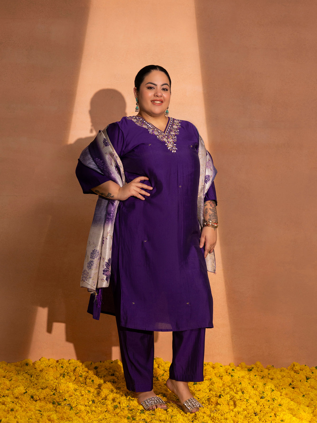 TITTLI Plus Size Women Handwork Embroidered V-Neck Roman Silk Kurta Set with Jacquard Digital Printed Dupatta (Violet)