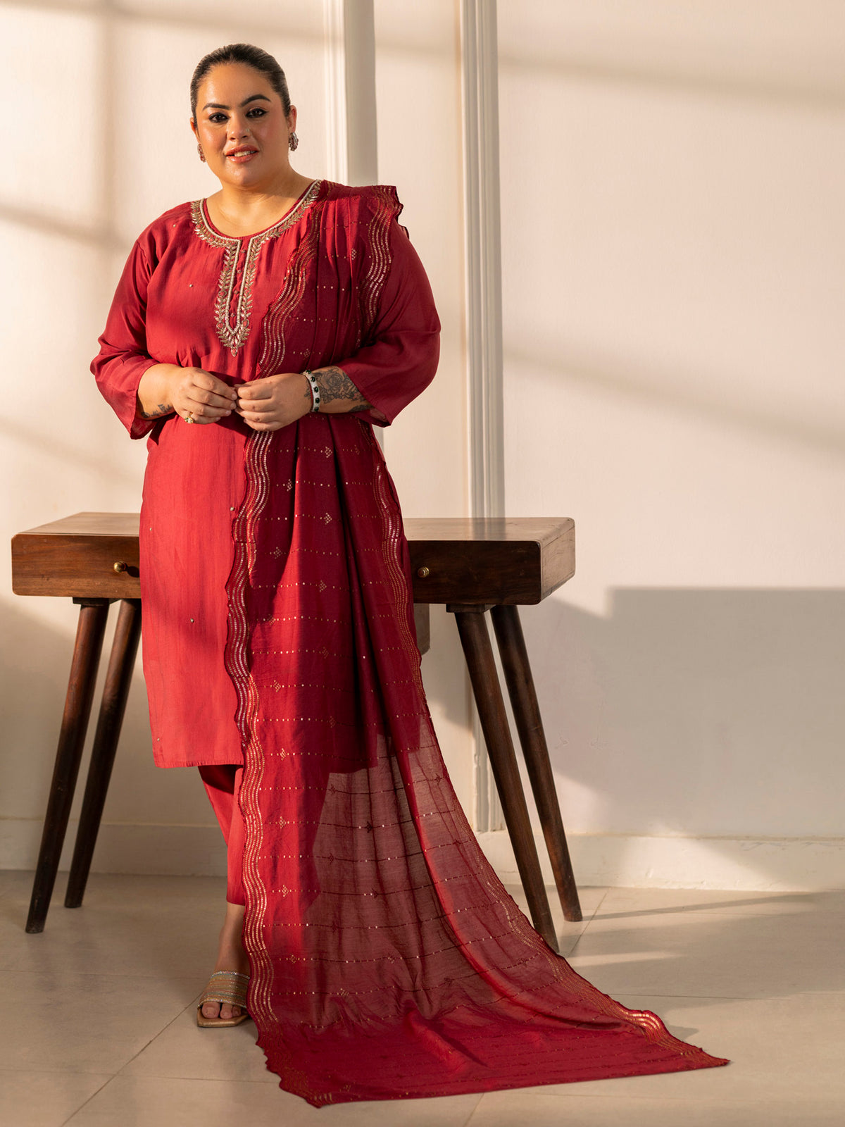 TITTLI Plus Size Women Handwork Embroidered U-Neck Roman Silk Kurta Set with Rayon Sequin Work Dupatta (Gajjar)