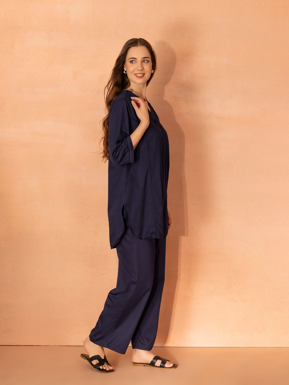 TITTLI Women Cotton Silk V-Neck Tunic & Trousers Co-Ord Set (Navy Blue)