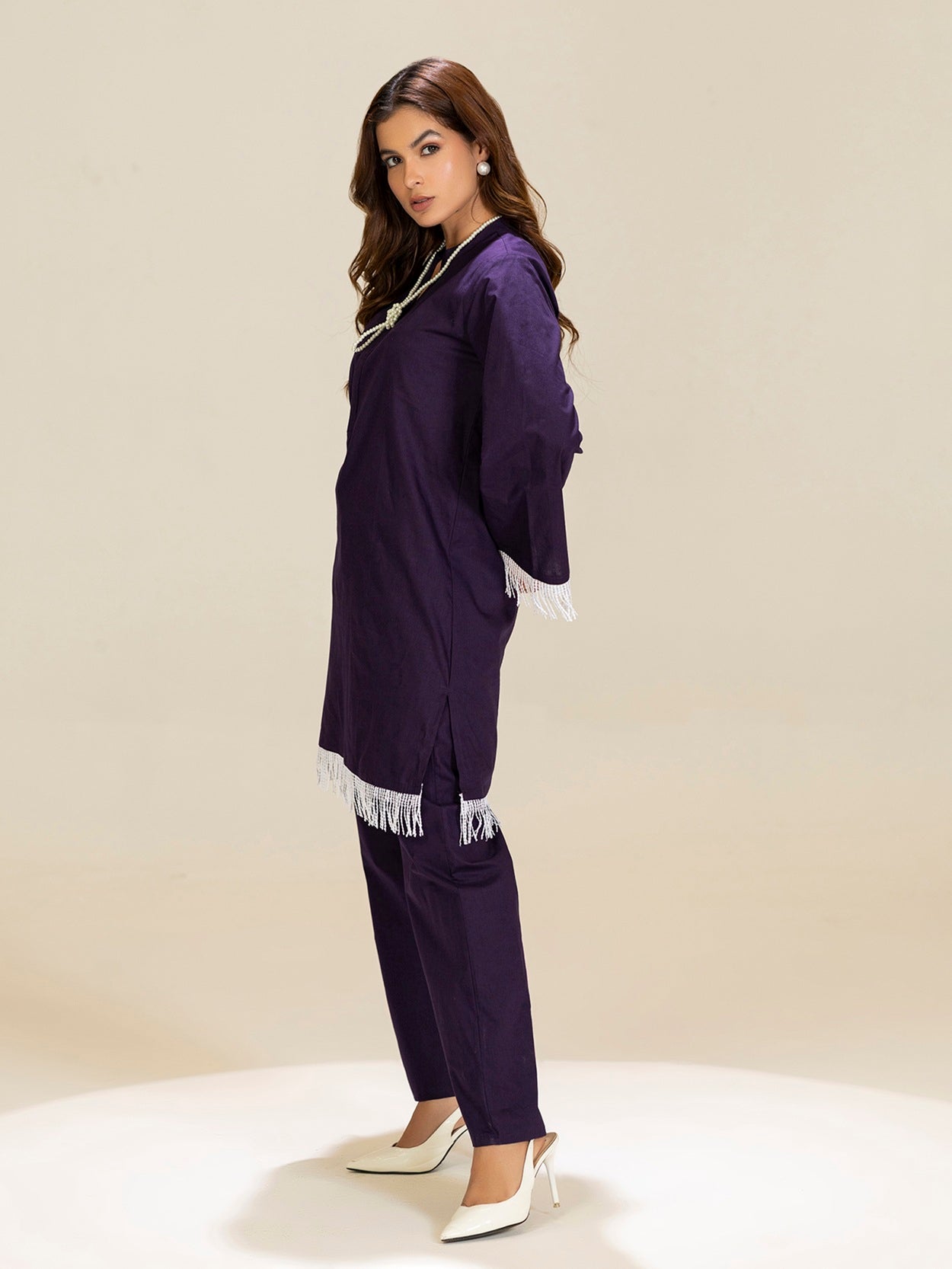 TITTLI Violet Colour Pure Cotton Mandarin Collared V-Neck Lace Detailing Tunic & Trouser Co-Ord Set