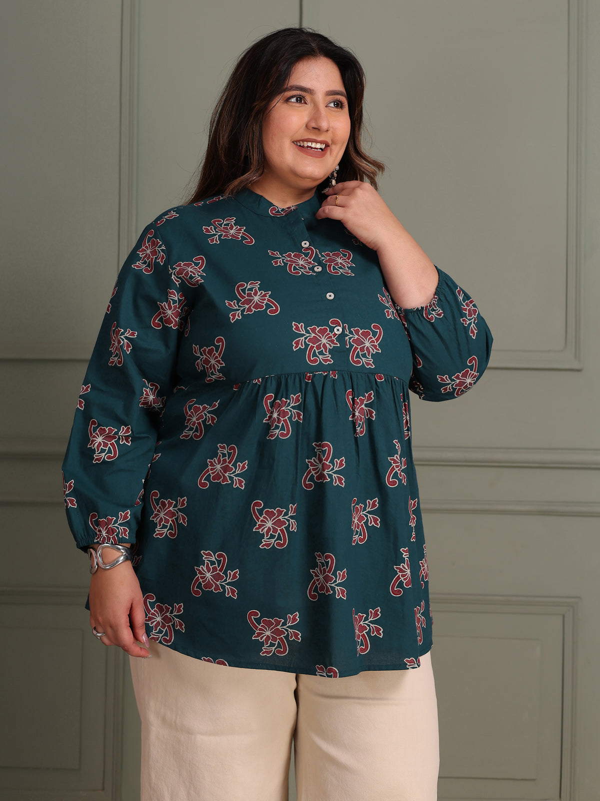 TITTLI Women Plus Size All-Over Printed Puff Sleeves Mandarin Collar Pure Cotton Frailed Kurti (Airforce)