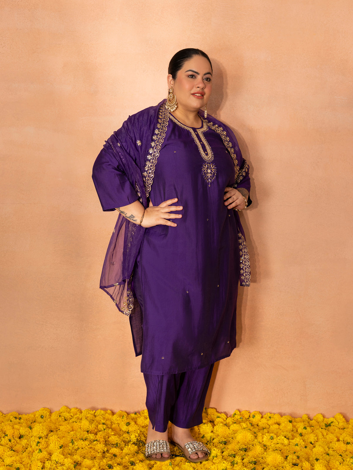 TITTLI Plus Size Women Handwork Embroidered U-Neck Roman Silk Kurta Set with Georgette Cutwork Dupatta(Violet)