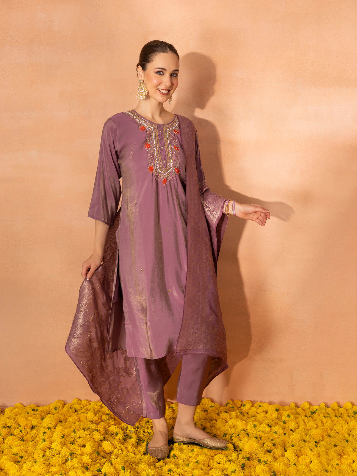 TITTLI Women Handwork Embroidered U-Neck Roman Shimmer Silk Kurta Set with Jacquard Banarasi Print Dupatta (Purple)